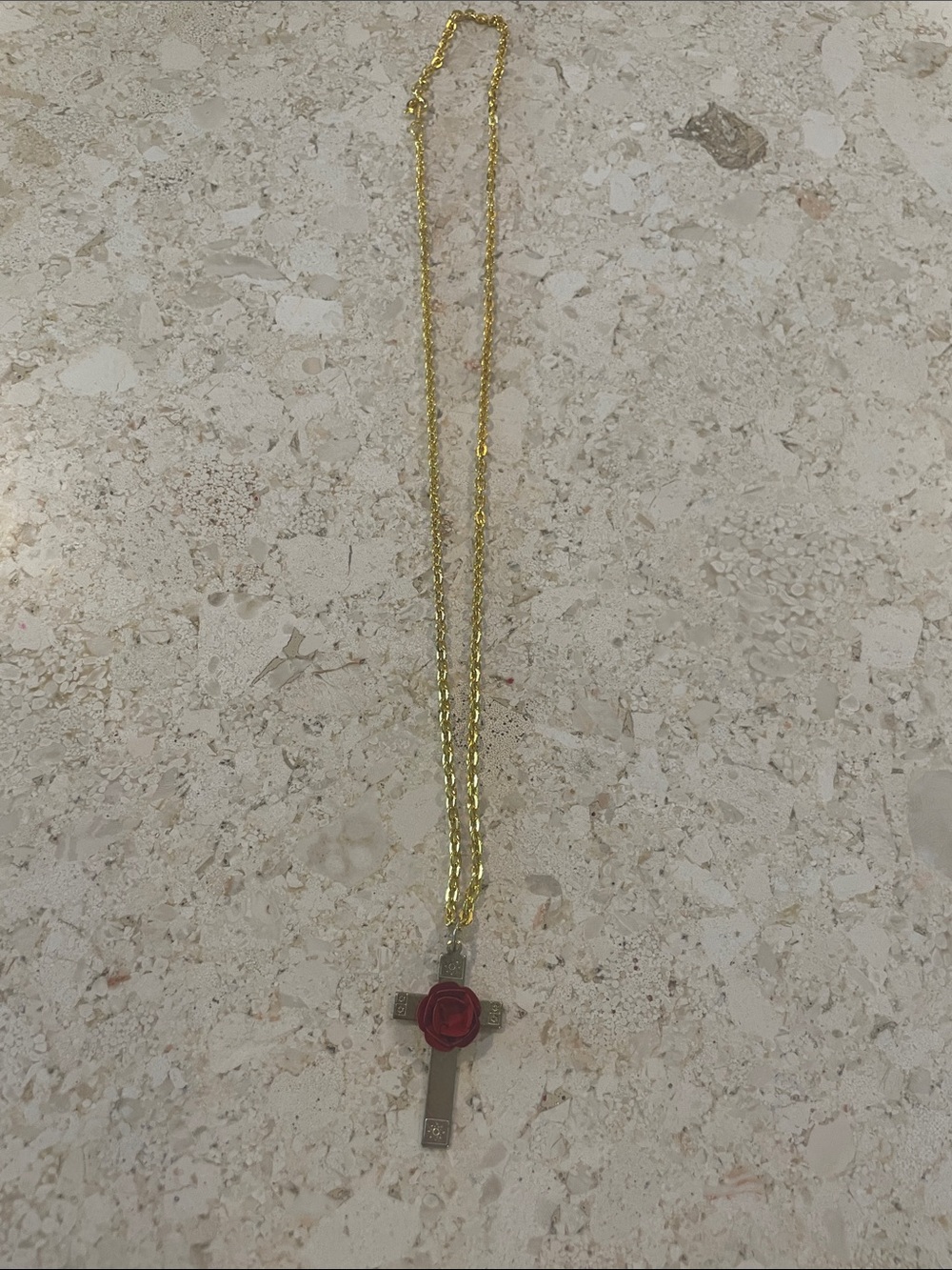 Gold Chain Necklace with Red Rose Cross Pendant